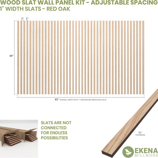 48H X 3/8T Adjustable Wood Slat Wall Panel Kit W/ 1W Slats, Red Oak Contains 42 Slats